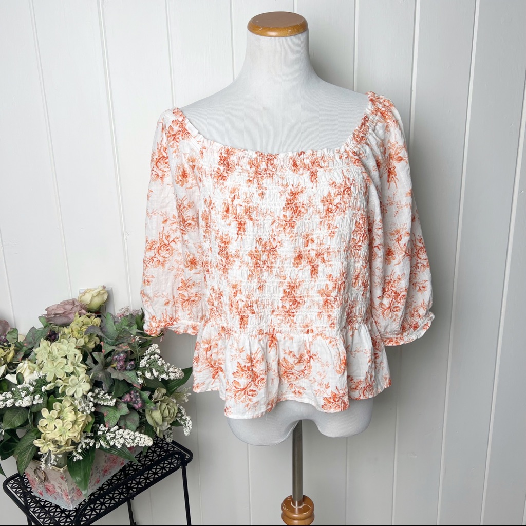 Loft Off Shoulder Orange Floral Smocked, Peblum Top